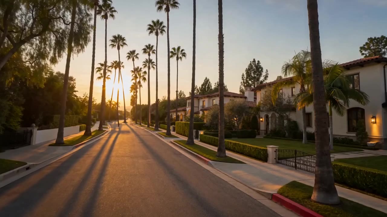 Beverly Hills residential street lined with palm trees at golden hour, AI-generated concept imagery